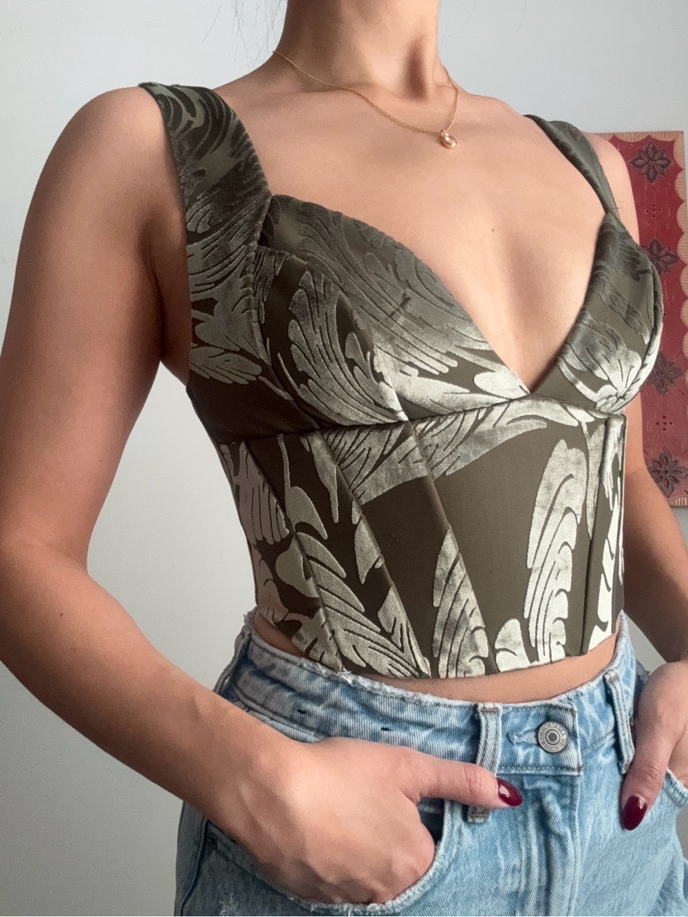 Oh Polly Olive Green Floral Jacquard Crop corset bustier Top